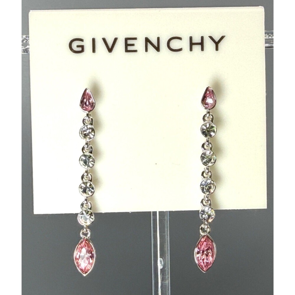 Givenchy Pink Tango Crystal Linear Drop Earrings Silver Tone NWT Signed
